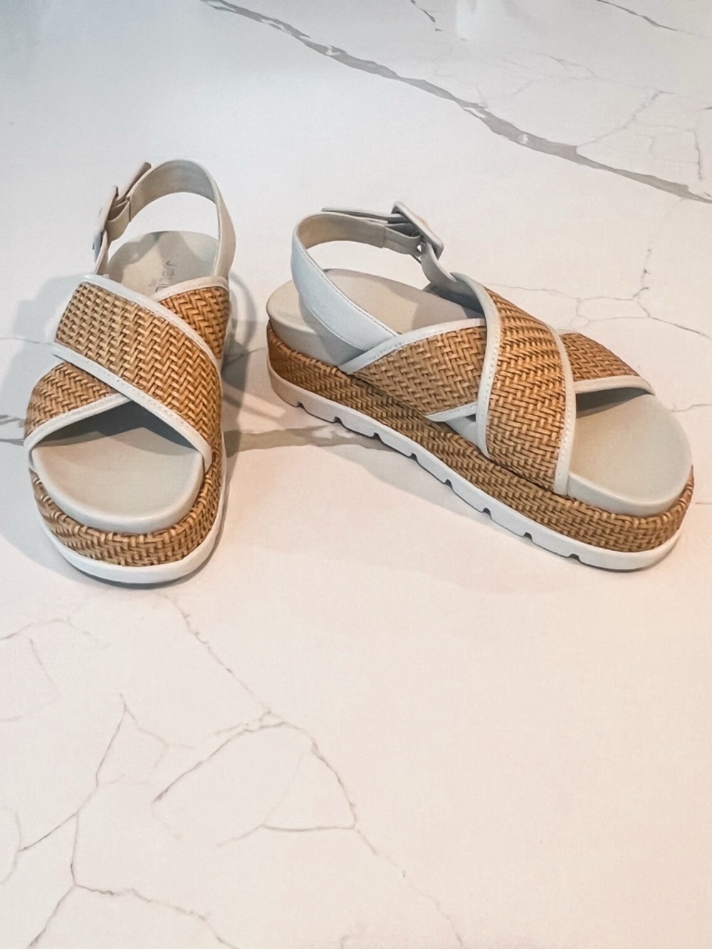 J/Slides Beille Natural Woven Raffia Criss Cross Ankle Strap Platform Sandals 7